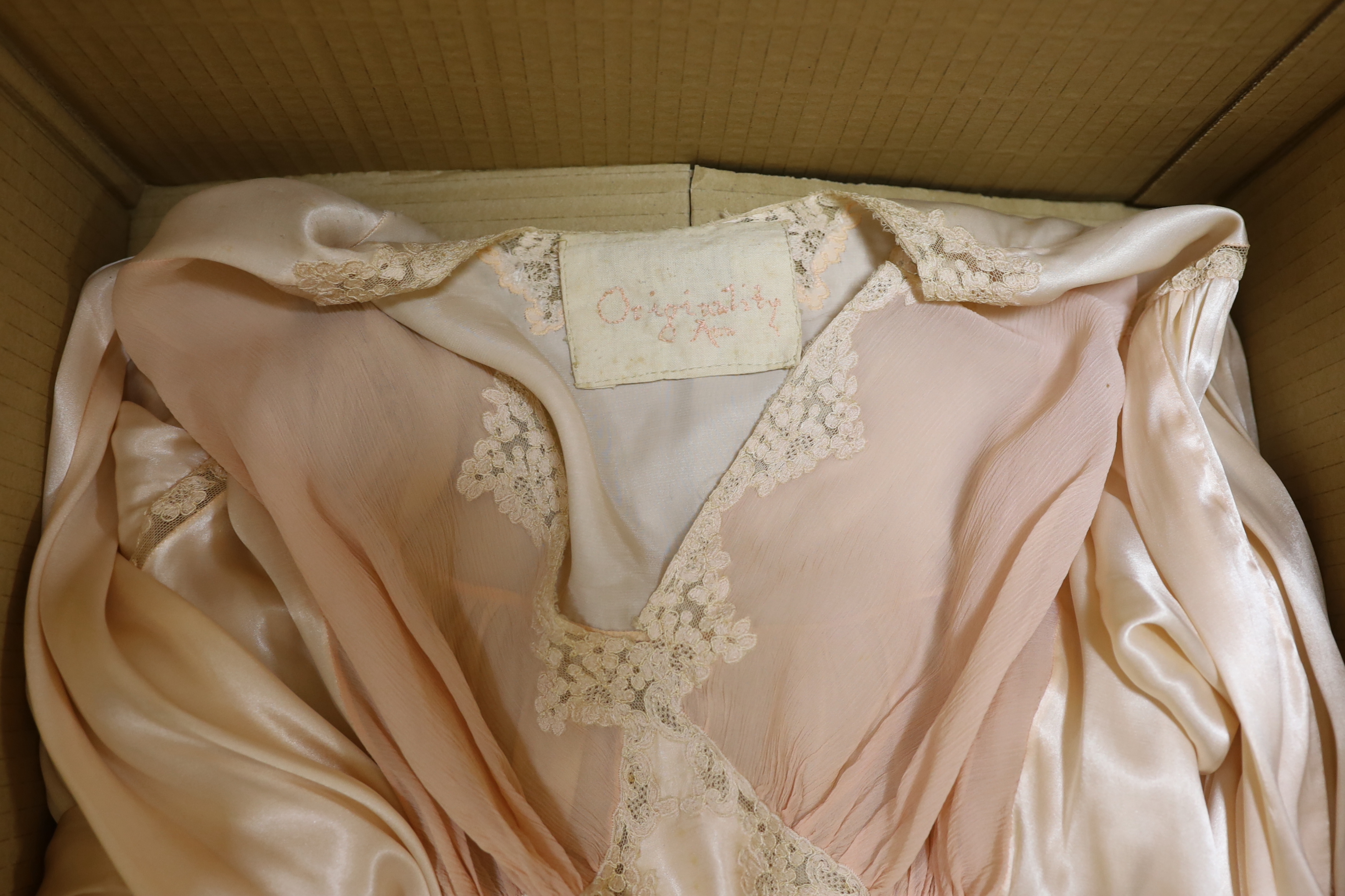 A 1940's pink satin, chiffon and lace inserted blouse